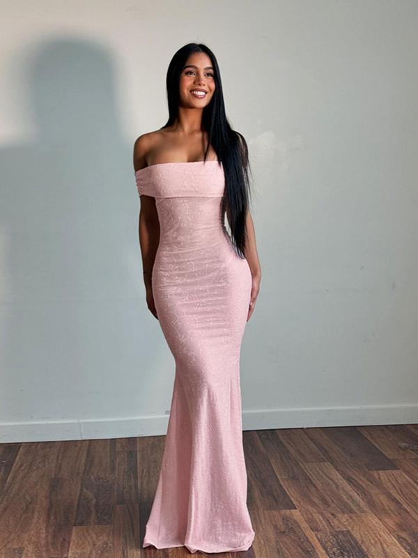 Women's Plain Floral Jacquard Off Shoulder Mermaid Dress, Elegant Ruched Short Sleeve Maxi Dress for Party Wedding Guest, Ladies Clothes for All Seasons